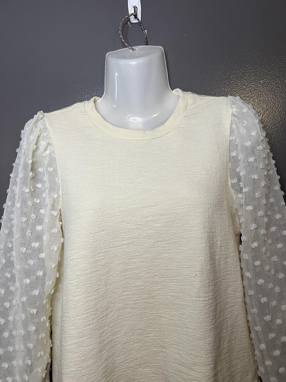 Maeve Sweater Womens Petite XS White Sheer Swiss Dot Balloon Sleeve Pullover